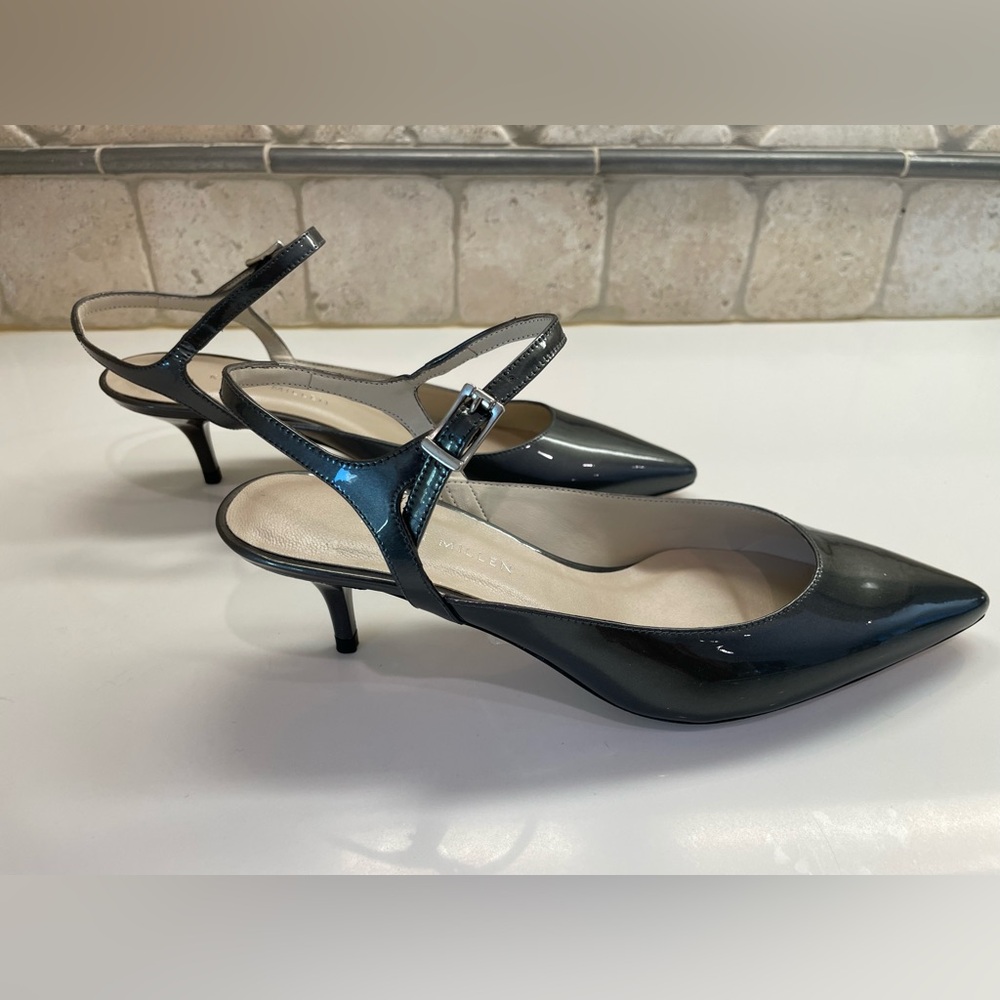 Karen Millen Grey/Pewter Patent Leather Slingback Kitten Heels